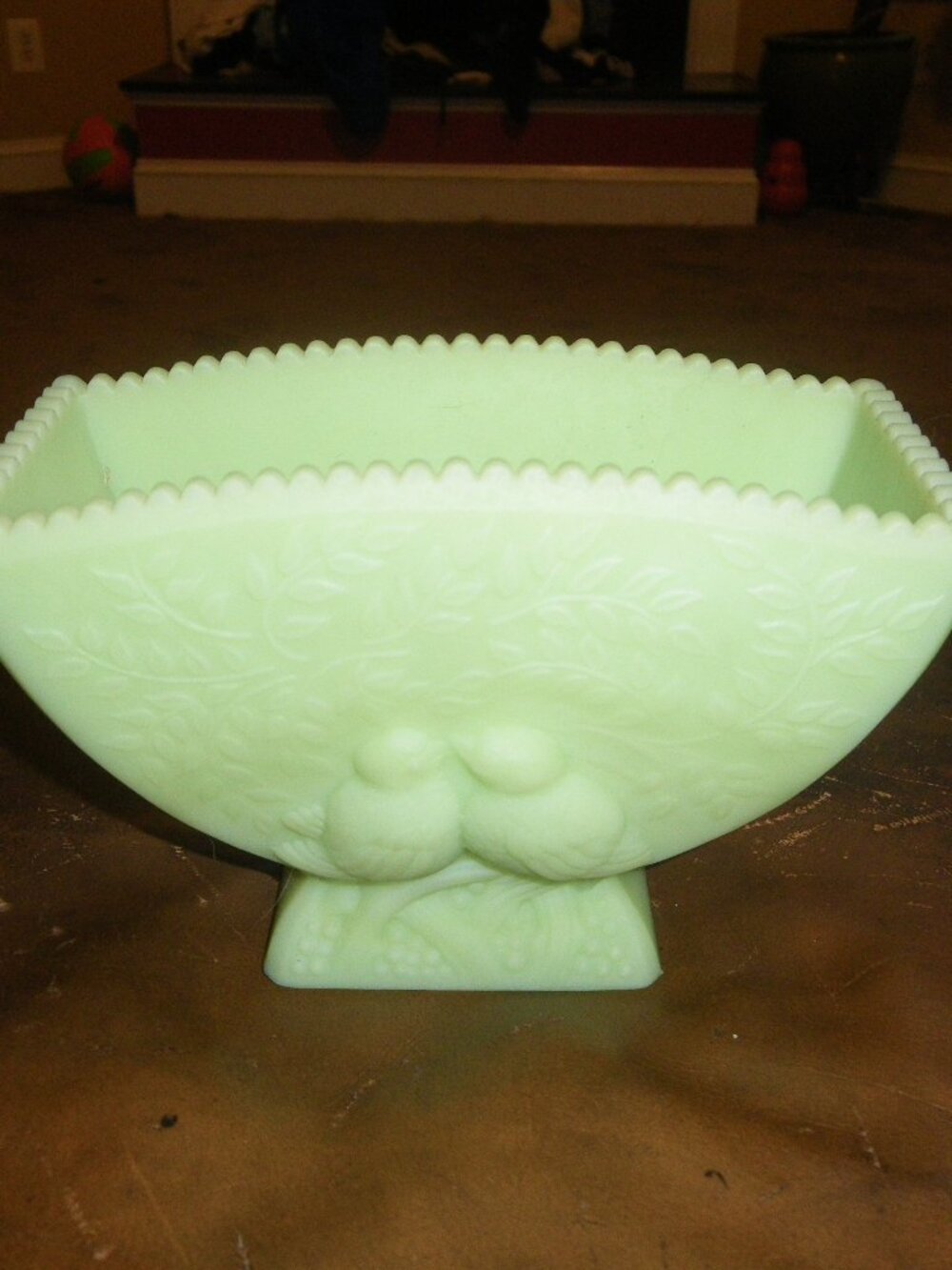 Vintage Thick Jade Green Glass w/ Embossed Love Birds Made in India